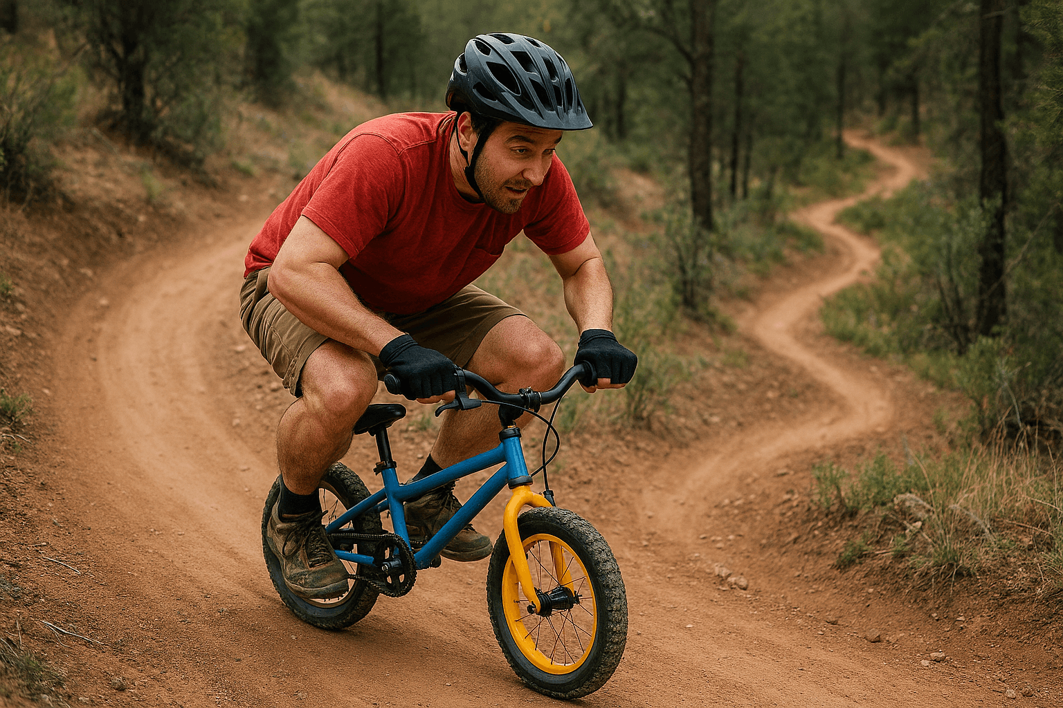 Adult on kids bike